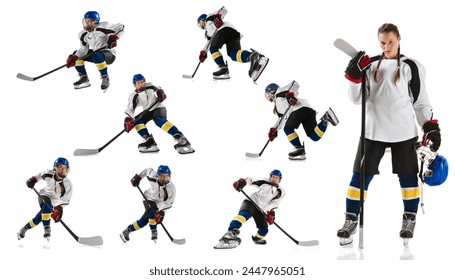 Collage. Jonk Meedchen, Hockeyspiller an Uniform mat Stick Training, spillt op wäissem Hannergrond isoléiert. Konzept vu professionnelle Sport, Konkurrenz, Spill, Aktioun, Hobby, Tournoi, Dynamik. Setzt