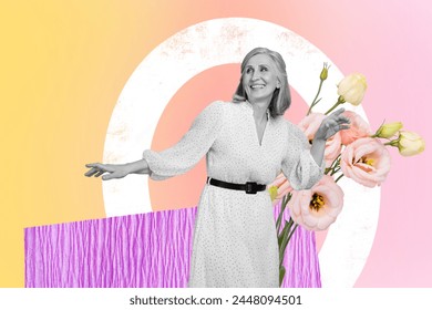 Croquis d'image d'illustration collage 3D de silhouette noire et blanche vieille dame gentille grand-mère écartant les mains rythme de danse fête des mères week-end de vacances