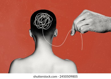 Colagem de fotos composta de mão segurando corda cérebro humano processo mente fantoche psicoterapia ajuda bagunça tratamento isolado em fundo pintado