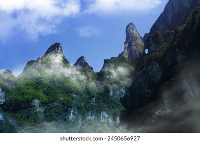 ภูเขาสิ่งแวดล้อมของจีน รูปแบบอวตาร แผนที่สองโทน สีเขียวและสีน้ำเงิน หมอกสีขาว