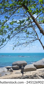 Un abuelo camina hacia la playa con agua azul y cielo despejado vistiendo ropa batik típica de Indonesia. Hay árboles en las esquinas del marco de la foto.