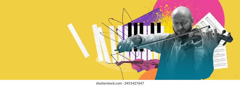 Elegance of classical music. Talented man playing violin. Contemporary art collage. Beauty of live performances and cultural events. Concept of music, festival, creativity. Colorful design. Banner