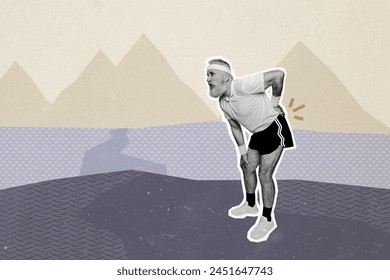 Collage de tendencias creativas de un anciano jubilado que siente dolor de espalda y sufre una pancarta de deportista, una extraña y poco común fantasía, una cartelera de cómics