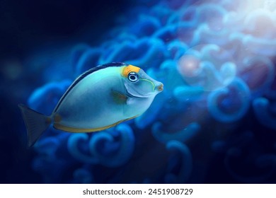 Naso Lituratus. Orange spine unicornfish. Blue water background.
