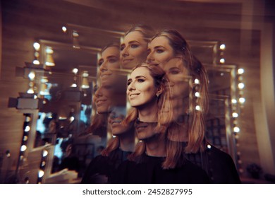 Kaleidoskopescht Portrait vun engem Model an engem Schéinheetssalon Schéin Fra a kreativ Schéinheetsporträt mat coolen Effekt