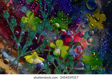 Fantasía abstracta con gotas de agua sobre siluetas de flores amarillas y capullos verdes. Fondo rojo, azul y marrón. Representación 3D.