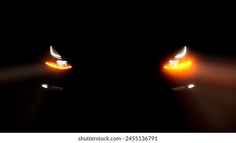 点滅インジケーター付きの車のフラッシャー。無名の高級モダンカーの点灯した LED ライトのクローズアップ。