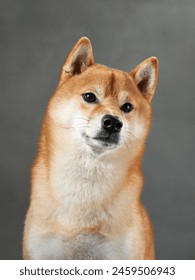 スタジオで撮影された、鋭い視線を向ける気配りのある柴犬。この犬の鋭い表情と落ち着いた態度は、管理されたスタジオ環境で光り輝いています。