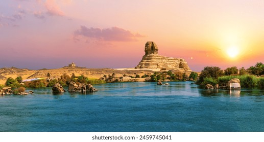 Lumi Nil në perëndim të diellit në shkretëtirën Aswan pranë Sfinksit, Egjipt