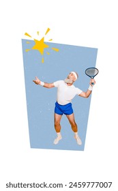 Kolaj foto menegak pemain tenis lelaki tua gembira memukul raket bintang pertandingan sukan hobi gaya hidup terpencil pada latar belakang yang dicat