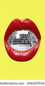 Poster. Hedendaagse kunstcollage. Mond met rode lippenstift op de lippen die een discobal blaast als kauwgom tegen een gele achtergrond. Concept van feesten, vieringen, vakanties, muziek en dans. Advertentie.