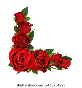 Red rose flowers in a corner floral arrangement isolated on white background