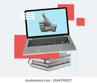 Poster. Contemporary art collage. Laptop computer sitting on stack of colorful books with thumb-up on screen. Feedback. Concept of business, steps for successful growth, best practice.