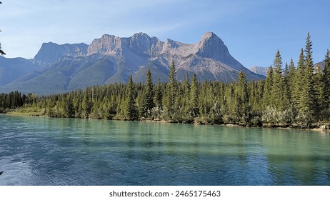 Canadian Rocky Mountains View from Edge of the Bow River near Bannf, British Columbia Canada