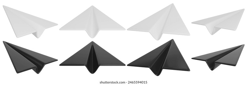 Avión de papel de dibujos animados en blanco y negro. Avión plegado aislado. Representación 3D.