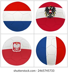 Grupa d nogometne lopte sa zastavom reprezentacije Francuske, Poljske, Austrije i Nizozemske izolirane na bijelom