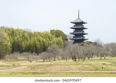 Torre pagode no templo Bitchū Kokubun-ji, na área rural ao redor da Rota Ciclável de Kibiji. Interior do Japão.