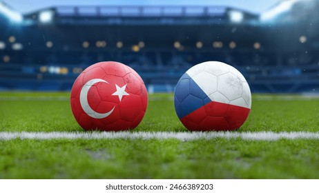 Soccer Balls with Turkey and Czech Republic Flags on Grass Field – European Football Championship 2024 in Germany