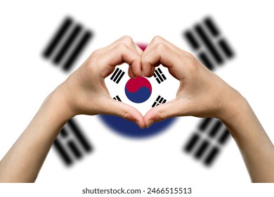 Bandeira da Coreia do Sul com duas mãos em forma de coração, sinal de amor em forma de coração, expressar amor ou conceito de afeição, apoiar ou doar para a Coreia do Sul, ideia de patriotismo e nacionalismo, design vetorial