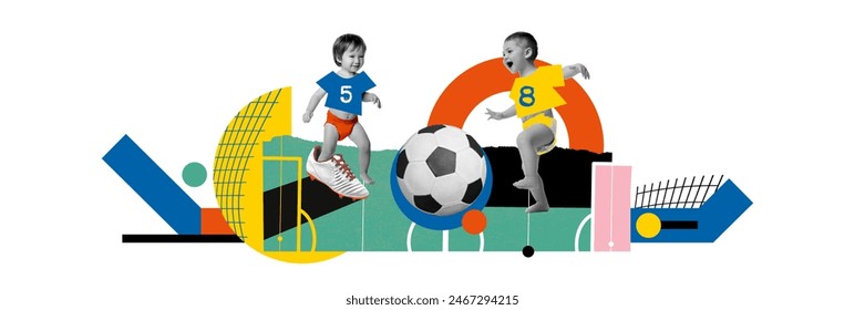 움직이는 두 아기, 축구를 하는 모습, 밝은 배경 위에 다채로운 요소가 있는 축구. 현대 미술 콜라주. 스포츠 개념, 미래 세대. 창의적인 디자인. 배너