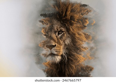 double exposure lion beautiful creative design
