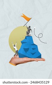 Kolaż 3d obraz pin-up pop retro szkic zabawnych ludzi wspinających się na górską flagę kończy osiąganie marzeń niezwykłych komiksów fantasy billboard