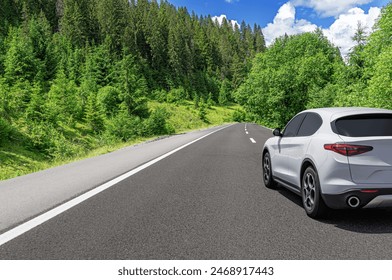 A car rushes along a forest road.