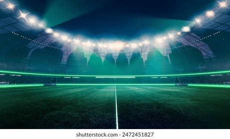 Sahneleri seyircilerle dolu, final maçını izlemeye hazır, spot ışıklarıyla aydınlatılmış modern boş futbol stadyumu. Profesyonel spor, rekabet, şampiyonluk, maç, enerji kavramları
