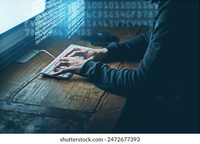 Eller, siber güvenlik ve hacker, bilgisayar ve çevrimiçi siber suç. Veri koruma, dijital ve web sitesi erişimi, dolandırıcılık için ağ sistemine sahip kişi ve internet web teknolojisi için virüs programlama