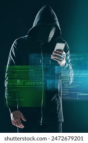 Akıllı telefon, hacker ve siber güvenlik, internet web teknolojisi ve çevrimiçi siber suç için adam. Veri koruma, güvenli web sitesi ve erişim, kapşonlu kişi kodlama ve sistemde virüs programlama