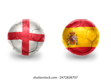 bola bola sepak realistik dengan bendera kebangsaan england dan sepanyol, pasukan bola sepak. pada latar belakang putih.