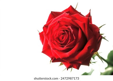 A stunning, isolated close-up image of a vibrant red rose in full bloom against a pristine white background