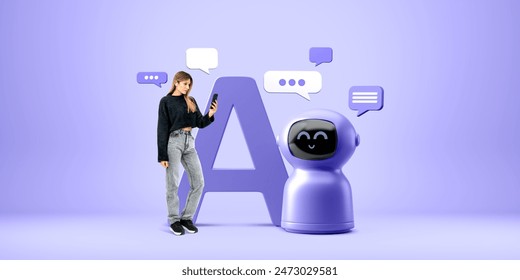 Eng Fra mat engem Smartphone an enger léiwer Roboterassistentin op engem purpurroude Hannergrond, Kommunikatiounskonzept