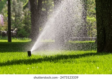Des éclaboussures d'eau sur l'herbe verte. Système d'arrosage automatique (système d'irrigation) pour arroser une pelouse