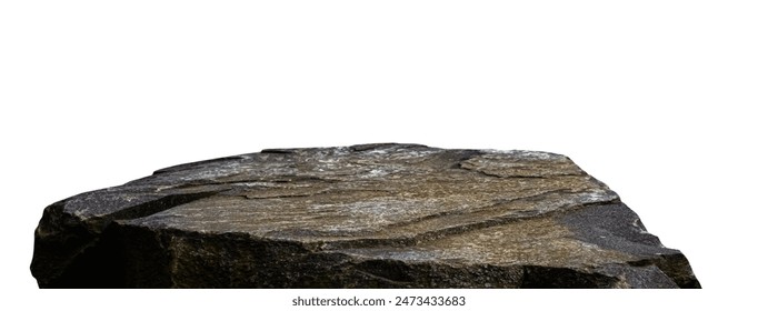 Stone Rock pódium izolované na bílém pozadí pro zobrazení produktu, Black Sea Rock Stand s drsnou povrchovou texturou, Nature Rock Cliff prvek s ořezovou cestou.