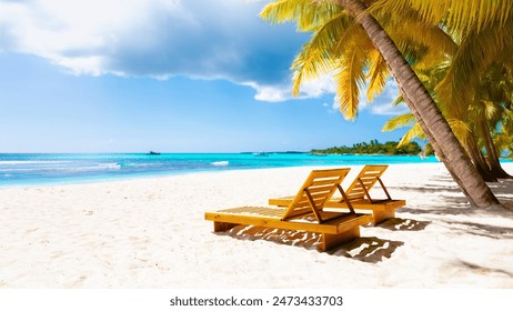 Férias de verão, férias, fundo, papel de parede - praia tropical ensolarada do paraíso caribenho com areia branca em Seychelles, ilha de Praslin, estilo tailandês com palmeiras