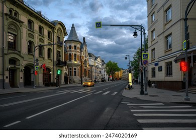 Night view of Ostozhenka street in Moscow, Russia. Cozy cityscape of Moscow. Architecture and landmarks of Moscow.