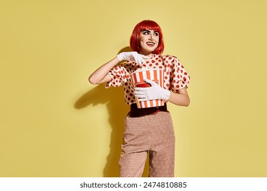 Mujer con cabello rojo sosteniendo una caja de palomitas de maíz sobre fondo amarillo en estilo pop art inspirado en el cómic.