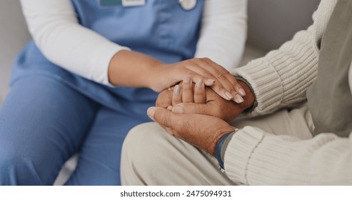 Senior care, support or nurse holding hands with person for healthcare service, wellness or empathy. Sympathy, closeup and caregiver helping for comfort, trust or patient for medical check or nursing