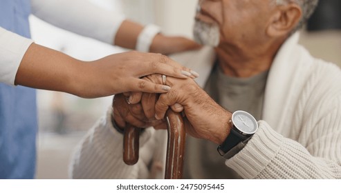 Senior care, support or hands of caregiver with person for healthcare service, wellness or empathy. Walking stick, disability and nurse helping for comfort or patient for medical check and nursing