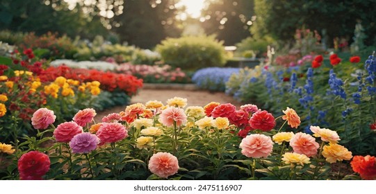 garden background, colorful flowers blooming in spring, beautiful flower garden view