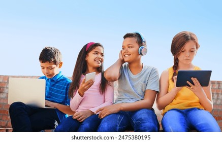 School kids, happy and phone, tablet and laptop with diversity, bonding and streaming in summer. Girl, boy and friends group with smile for technology, video games and subscription on app outdoor