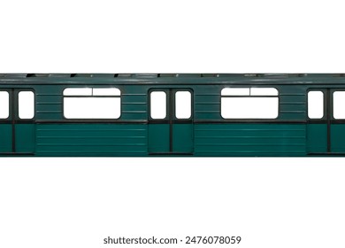 Strukturierte Karosserie eines dunkelcyanfarbenen U-Bahn-Waggons, isoliert auf transparentem Hintergrund.