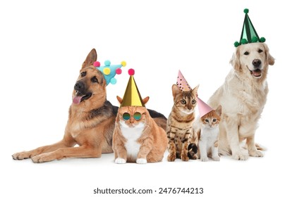 Vários animais diferentes com chapéus de festa em fundo branco