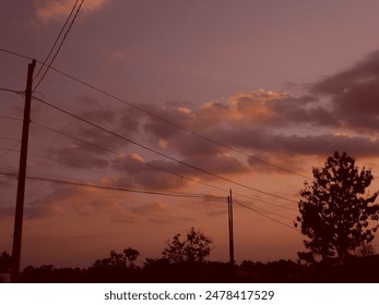 Sonnenuntergangshimmel mit Silhouetten von Strommasten, Kabeln und Bäumen, aufgenommen mit einer Digitalkamera von 2011