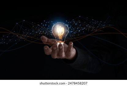 Soluție sau idee creativă pentru proiectarea unui banner web sau a unei pagini de destinație pentru o companie inovatoare cu o mână care iese din ecran cu un bec. Forme geometrice abstracte celebre și linii de plumb