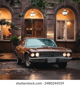 Muscle-Car vor einem alten Café geparkt