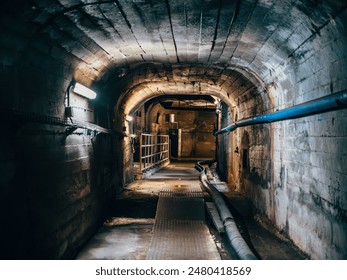 Průmyslový podzemní tunel s kovovým chodníkem a trubkami, osvětlený tlumeným umělým světlem
