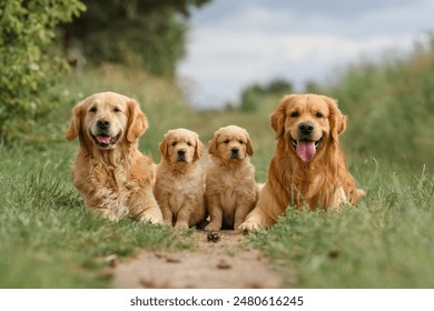family dog ​​golden retriever labrador on the road. adult golden retriever dogs with cute newborn puppies