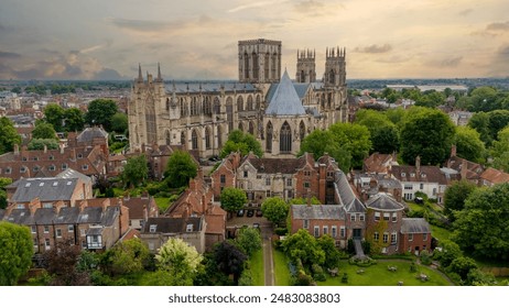 York and York Minster England, UK. Aerial view of the historic Yorkshire City on a summers day. Popular tourist destination with a history of Romans and Vikings.